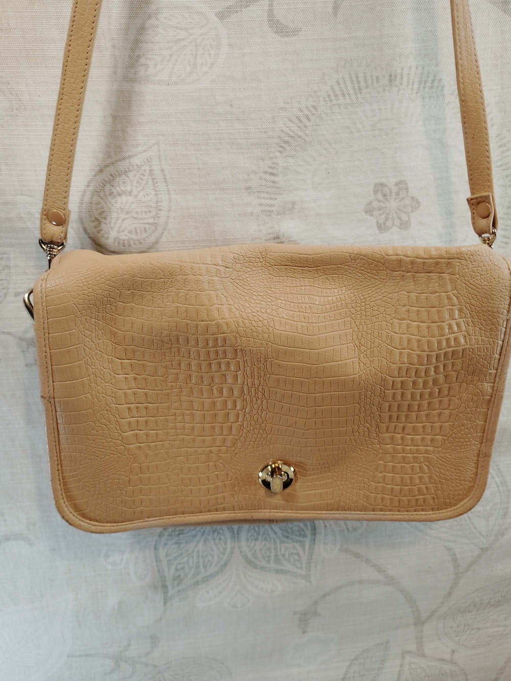Croc-Embossed Genuine Leather Tan Crossbody Bag with Gold Turn-Lock